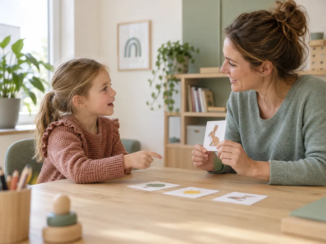 Een vrouw en een kind praten samen met behulp van een prentenkaart.